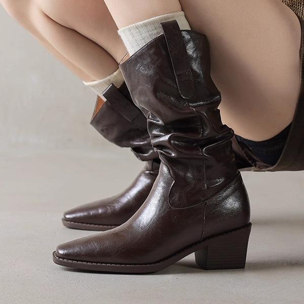 Короткие ботинки из кожи в стиле Майяр женские осенне-зимние ботинки ботинки на наборном каблуке ботинки средней высоты рыцарские ботинки толстый каблук ковбойские ботинки в западном стиле