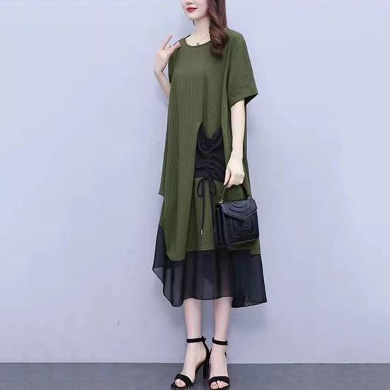 Women's Summer Short Sleeve Midi Dress with Pocket Casual Crew Neck Mesh T-shirt