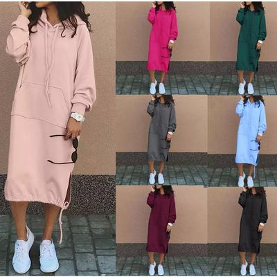 Осенне-зимняя модная толстовка с длинным рукавом, однотонные платья, женская простая свободная толстовка с карманом и кулиской, повседневное платье