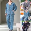 2 Pcs/Set Men Winter Loungewear Thick Plush Warm Cozy Single-breasted Lapel Long Sleeve Coat Elastic Waist Pockets Coral Fleece Pants Set Pajamas