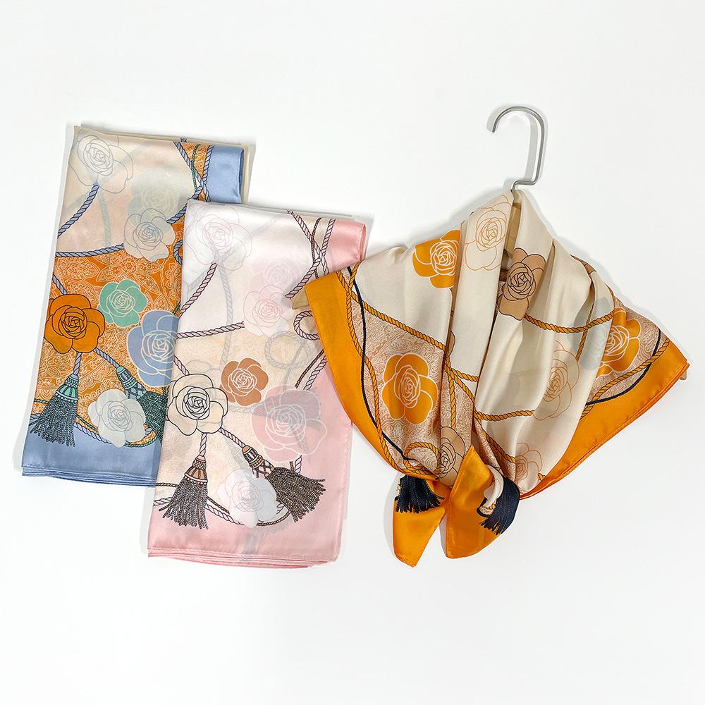 Satin Printed Square Scarf Silk Scarf for Women National Style Floral Scarf Thin Neck Protection Versatile Professional Stewardess Scarf