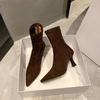 Brown Short Boots Women's High Heel Fine Heel Suede Pointed Rear Zipper New Winter Korean Version Elastic