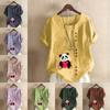 Women's Fashion Round Neck Short Sleeve T-shirt Casual Cotton Linen Graphic Shirt Leisure Loose Panda Prined Summer Blouse Tops