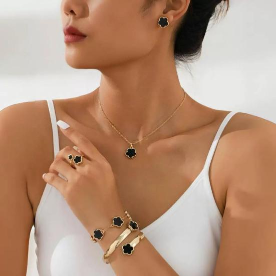 5 шт./компл. женский комплект ювелирных изделий Lucky Flower Decor сверкающие стразы ожерелье браслет серьги кольцо комплект модные ювелирные изделия