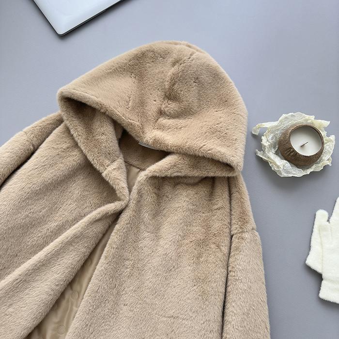 2025 Winter Brown Woolen Retro Coat Woman Harajuku Hooded Warm Casual Fur Jacket Female Solid Korea Fashion Vintage Chic Outfits