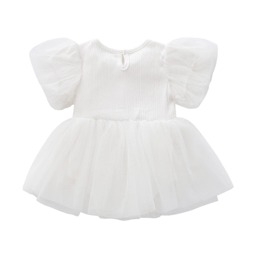 Baby Clothes Short Sleeve Dress Girls Summer Tulle Skirt Coverall Hair Ornament Baby Birth Preparation Gift Ruffle Plain White 6M