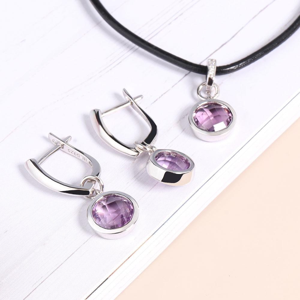 Серьги с аметистом в оправе, простой дизайн, огранка «бриолет», драгоценные камни, ювелирные изделия, комплект ювелирных изделий из серебра 925 пробы, ожерелье, серьги для женщин, подарки
