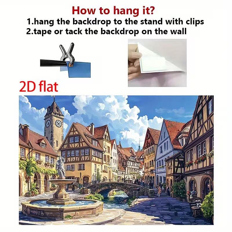 German Village 2D Backdrop, Clock Tower & Street Photo Background
