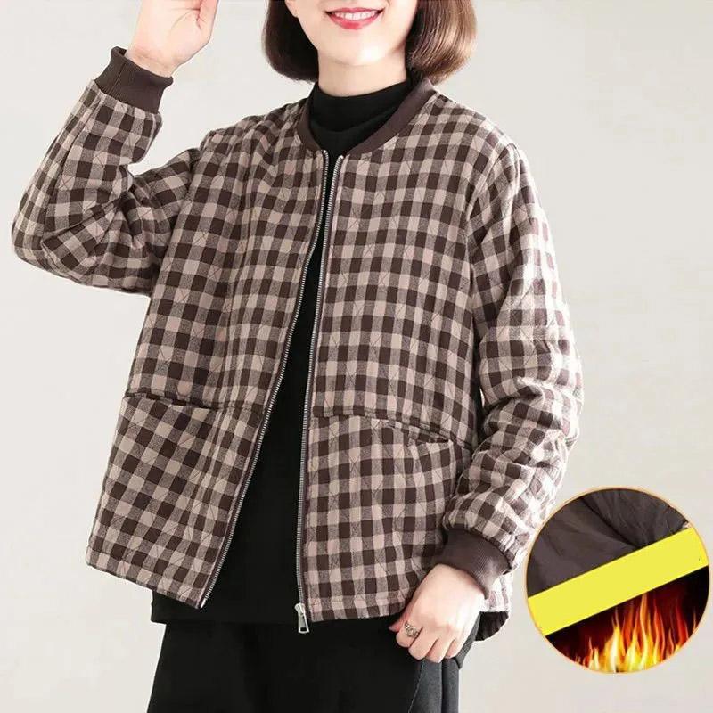 Хлопковая куртка, женская осенне-зимняя стеганая теплая свободная куртка, большие размеры, клетчатые топы в стиле ретро для отдыха