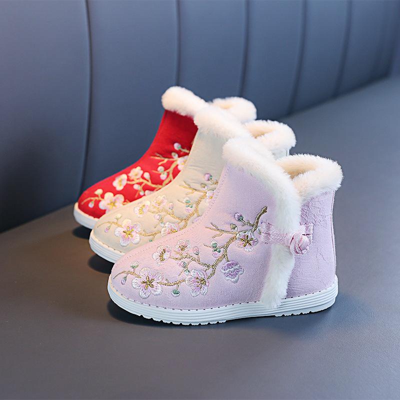 Зимние сапоги для девочек из бархата 2024 года — зимняя обувь в стиле ханьфу с вышивкой для детей