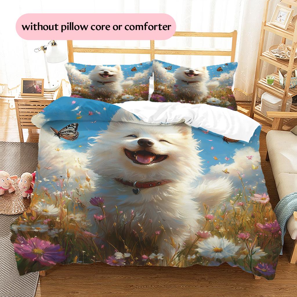 Happy Samoyed Pattern Bedding Home Decoration Birthday Gift (1 * duvet cover + 2 * pillowcase, without core)