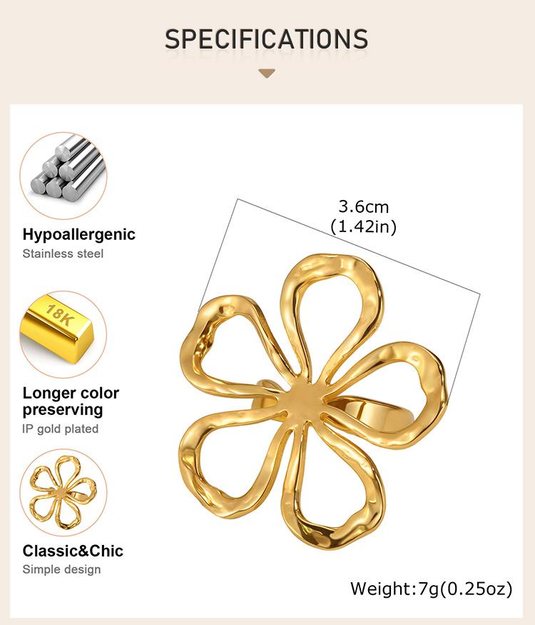 Open Adjustable Flower Ring, Stainless Steel 18K PVD Gold Plated, Waterproof Tarnish Free Trendy Floral Jewelry Gift for Women