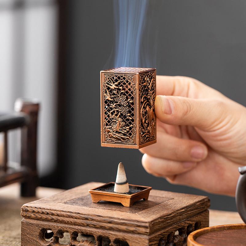 Square Vertical Incense Burner Small Alloy Incense Holder Indoor Aromatherapy Home Ornament Chinese Plum Inense Burners