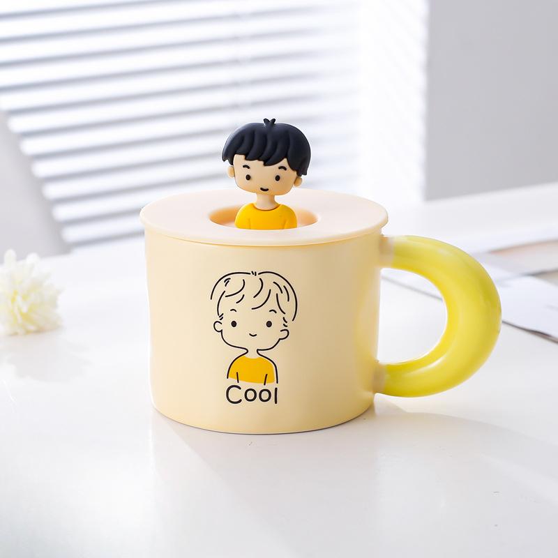 Корейская милая кружка с мультяшным персонажем, розовая, с сердечком, керамическая чашка для воды с крышкой, кофейная чашка, парная чашка