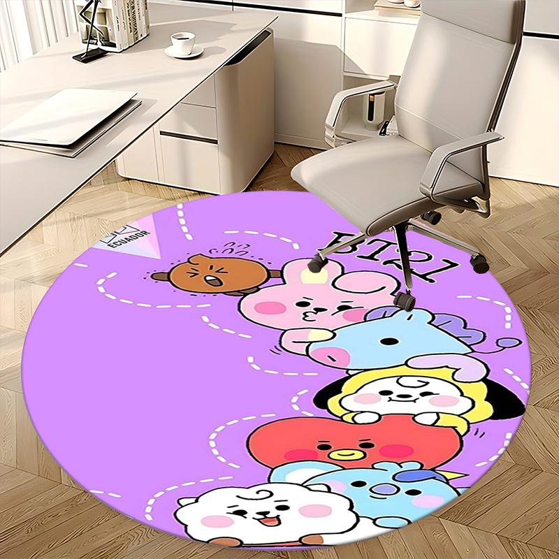 BT21 K-Pop Коврик для стула Круглый ковер-Ковер для офиса, Машинная стирка, Нескользящий, Подходит для гостиных, спален
