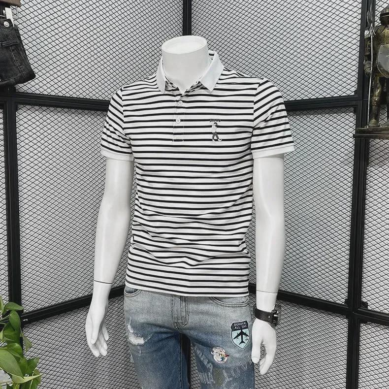 Мужская рубашка-поло в полоску высшего качества — облегающий крой, универсальная мода на лето 2022 года