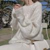 Creamy White Pink Hollow Out Pullover Women's Spring Autumn Solid Sweaters Female Casual Thin Loose Knitted Outerwear