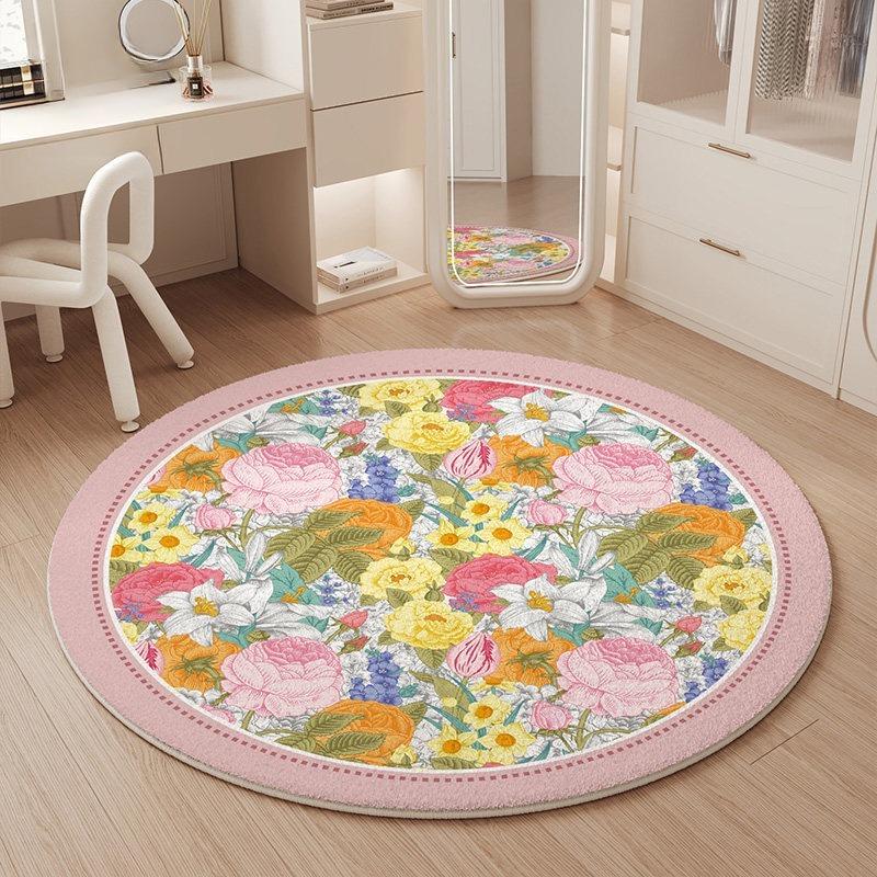 Flower Pattern Bedroom Decor Round Carpet French Style Carpets for Living Room Thick Plush Lounge Girl Floor Mat Fluffy Soft Rug