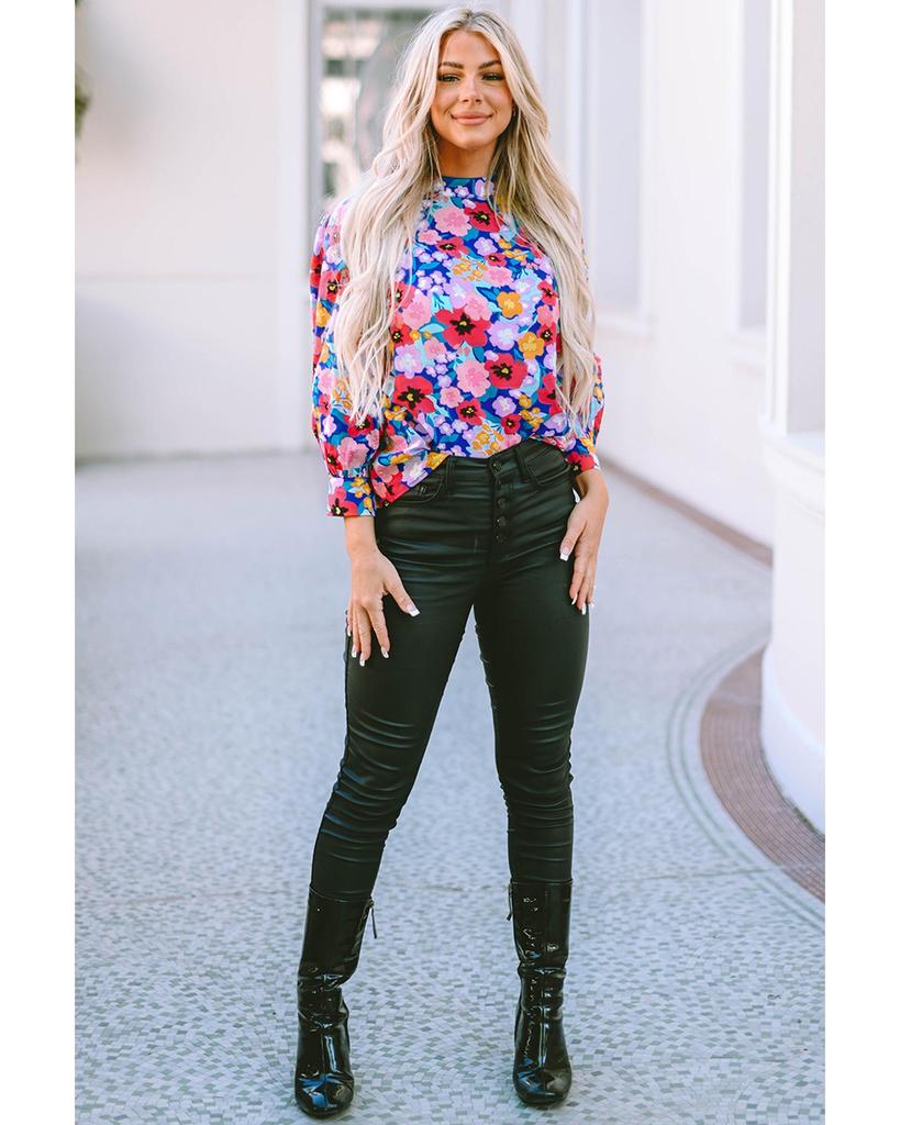 Azura Exchange Синяя блузка с воротником-стойкой и рукавами-фонариками с цветочным принтом