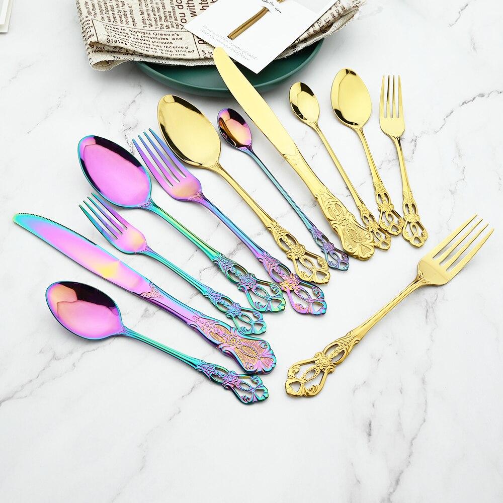 Royal Cutlery Silver Stainless Steel Sets Vintage Spoons Colorful Dinnerware Forks Kitchen Tableware Dinner Western Silverware