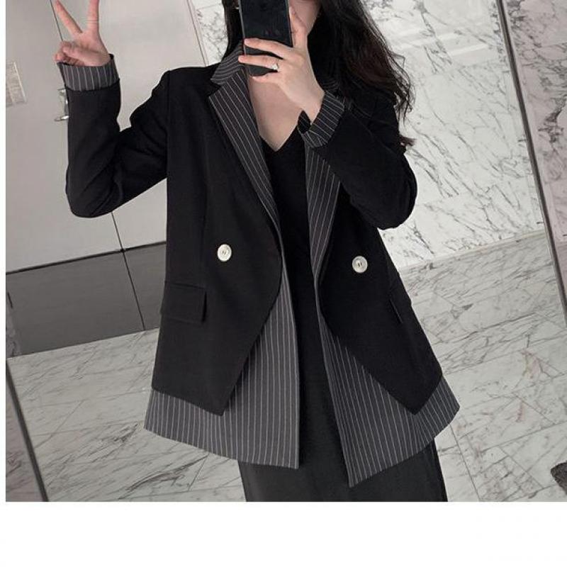 Осенние полосатые вышивки, поддельные женские пальто из двух предметов, модный дизайн, черный пиджак, одежда, повседневная свободная одежда
