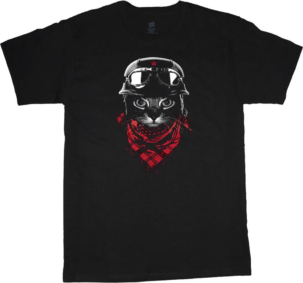 Cool cat hipster tee shirt Men's black cat tshirt helmet red bandanna hip kitty