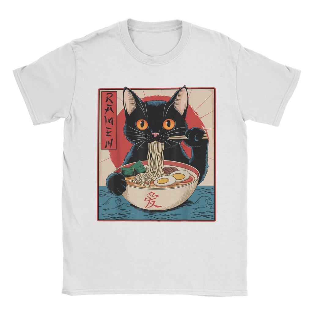 Men Japanese Black Cat Ramen T Shirt Kawaii Noodle Cat Cotton Clothes Humor Short Sleeve Round Collar Tees Gift Idea T-Shirt