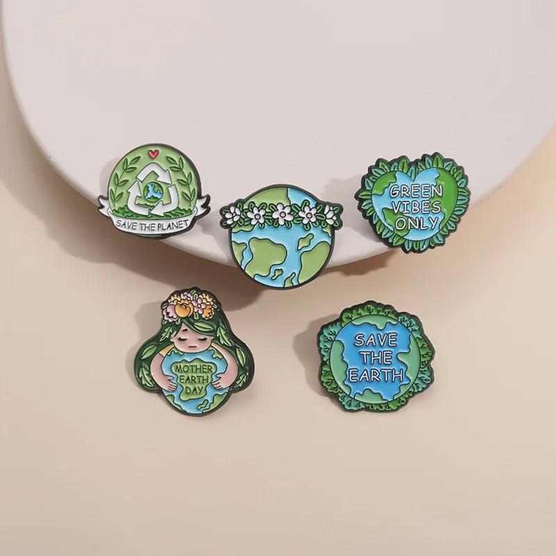 Экологичная зеленая металлическая брошь Earth Love: Круглый значок охраны окружающей среды