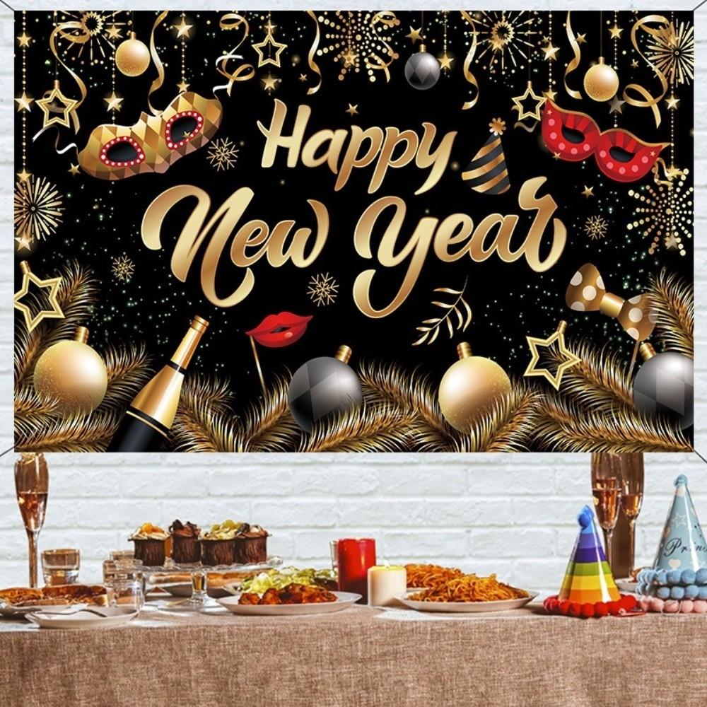 Black Gold 2026 New Year Backdrops Polyester Night Glittering Party Background Champagne Colorful Balloon Photo Background