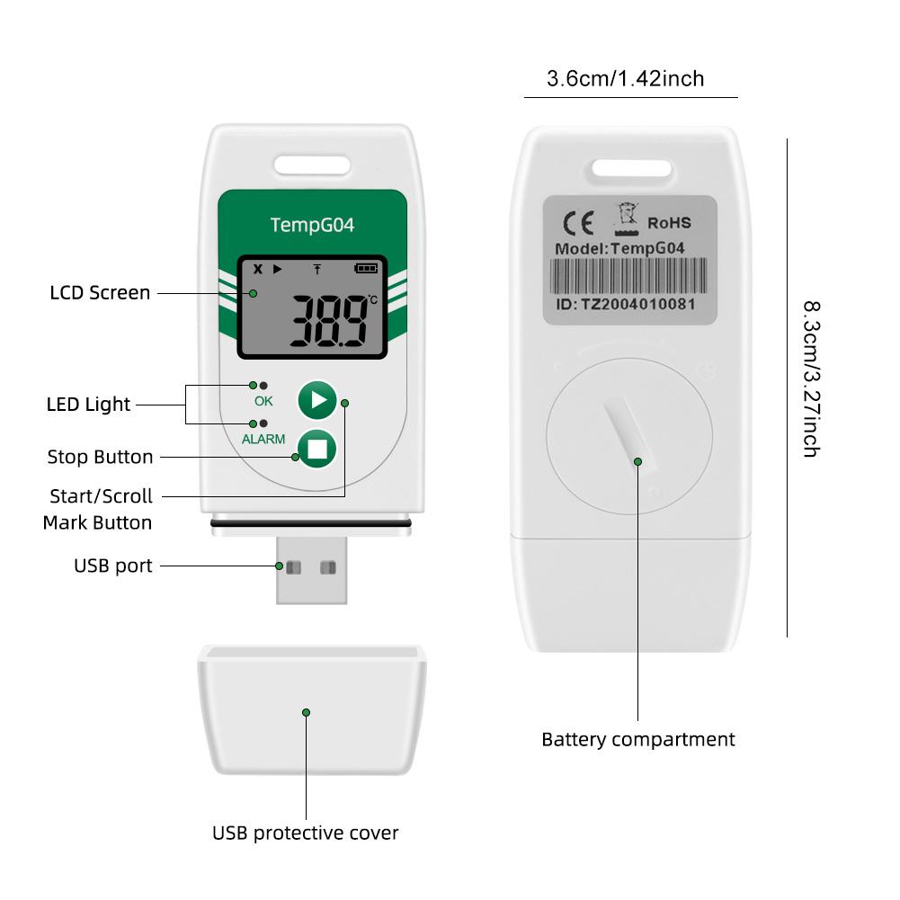 USB Digital Temp Data Logger Recorder PDF CSV Report 32000 Point Capacity Temp Recorder Over Temp Alarm for Cold Chain Transport