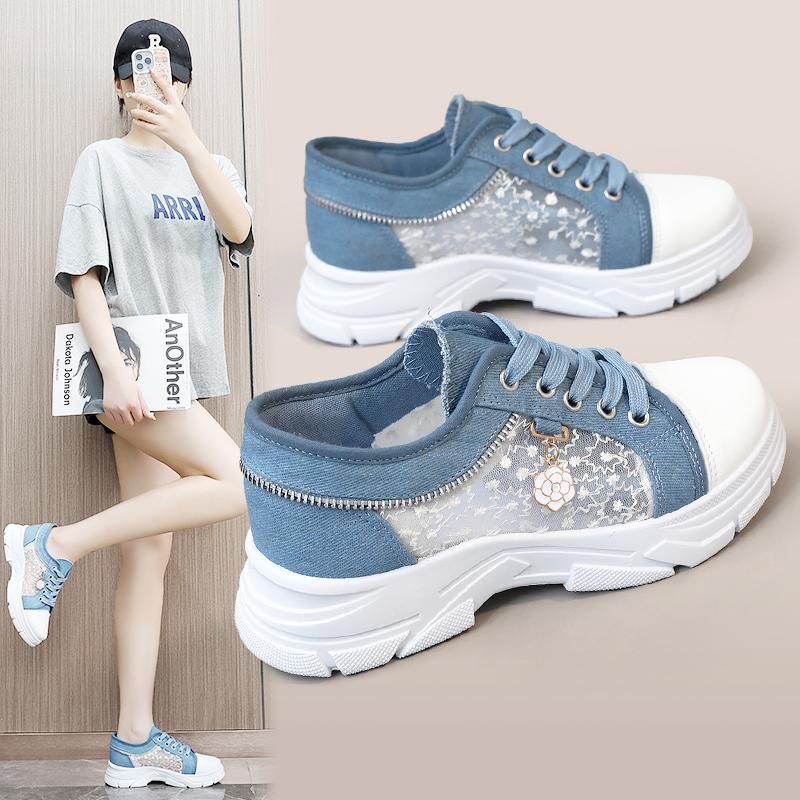 Мода Женская обувь Модная летняя повседневная обувь Вырезы Кружева Холст Полые дышащие Платформа Плоские туфли Женские кроссовки