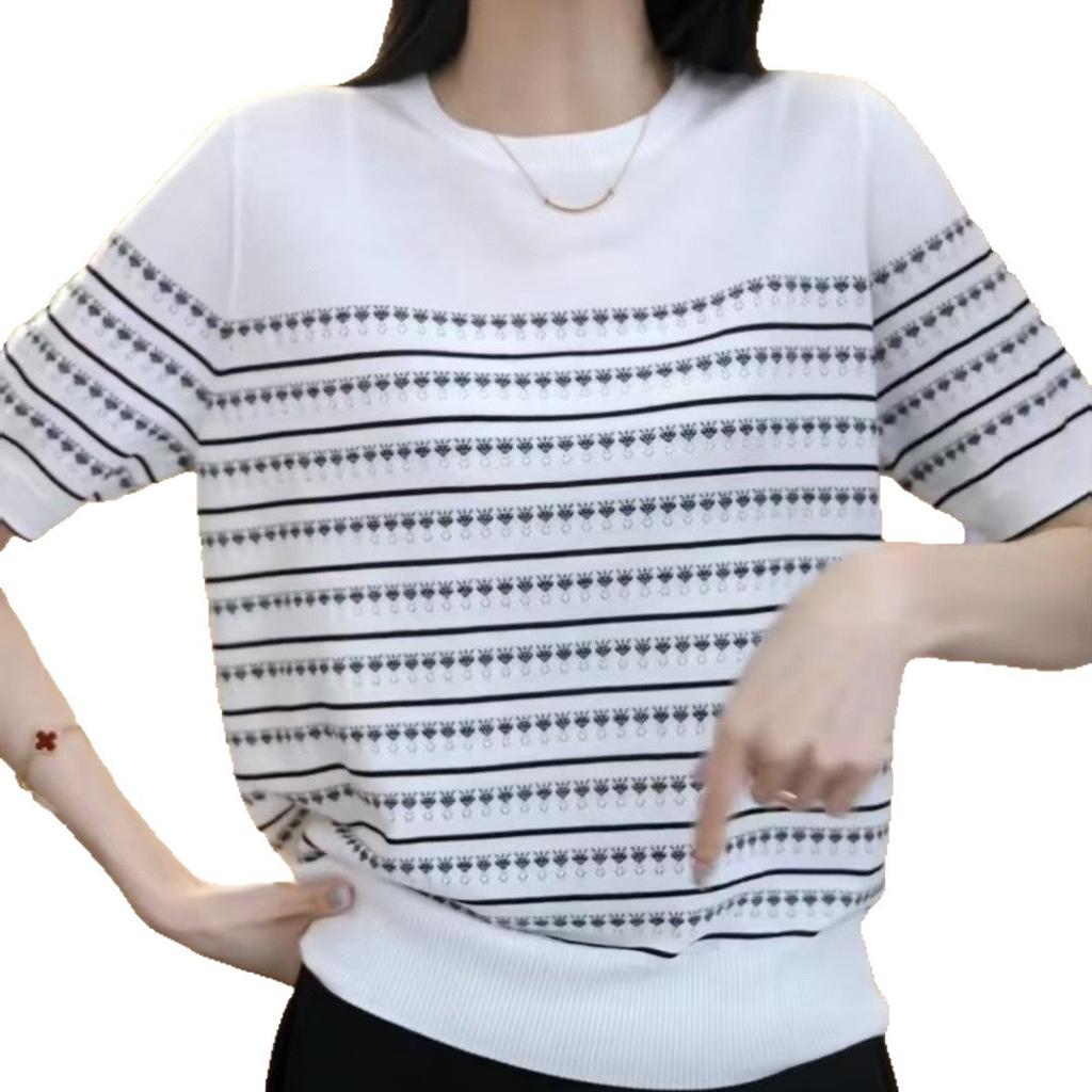 Женская полосатая трикотажная рубашка из ледяного шелка, футболка с коротким рукавом, летний свободный топ