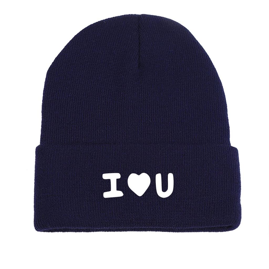 White "I Love U" Print Knit Hat Beanie, Man Cap Soft Cozy Solid Gorro Knit Cap Beanie