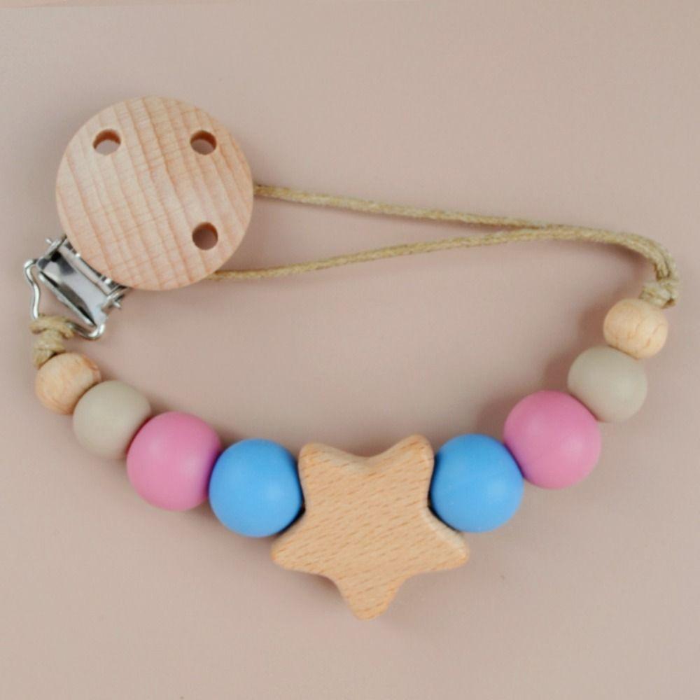 Star Pacifier Holder Clips Wood Baby Teether Toys Straps Anti-lost Baby Pacifier Chain  Toddler