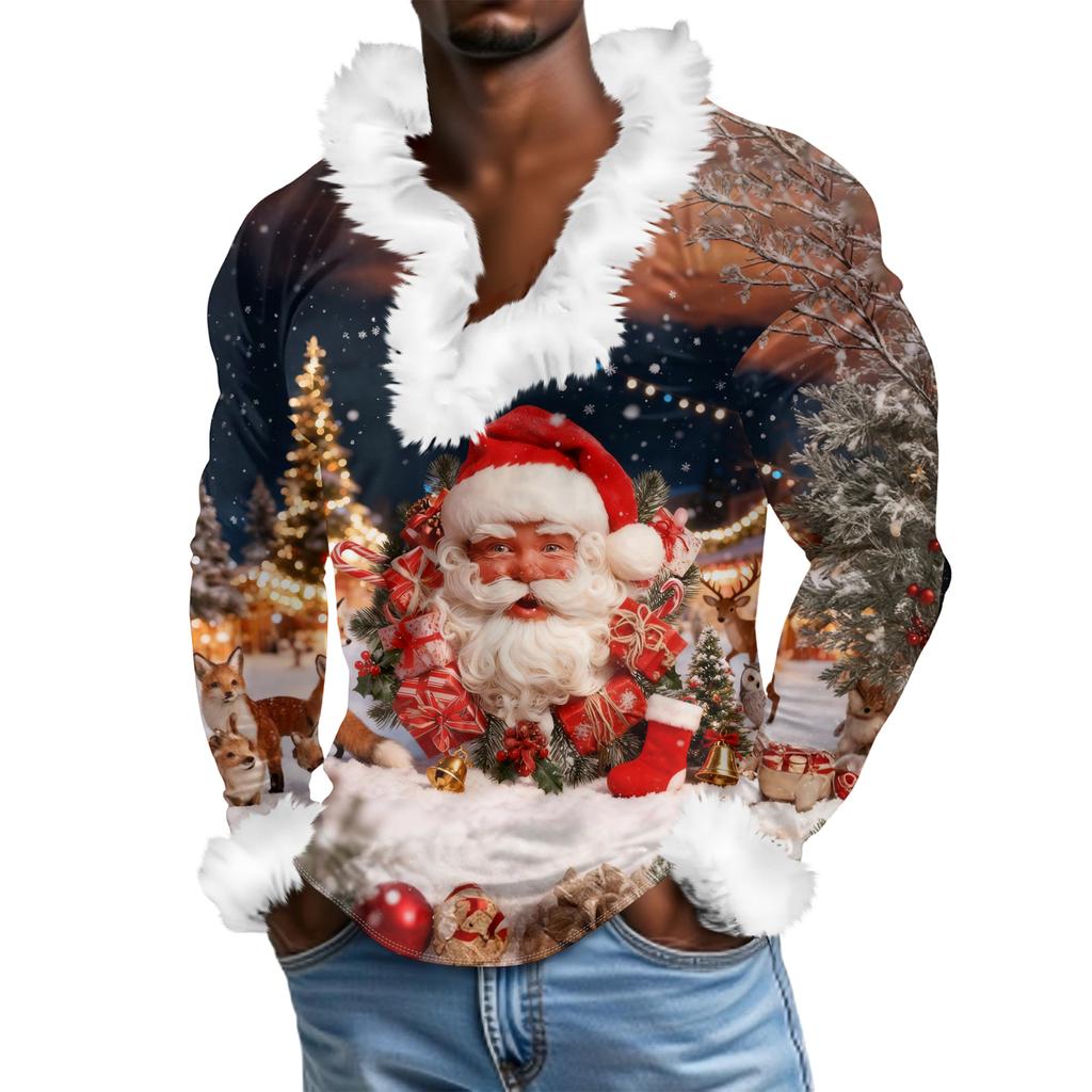 Мужской повседневный рождественский плюшевый свитшот с V-образным вырезом и длинными рукавами из флиса