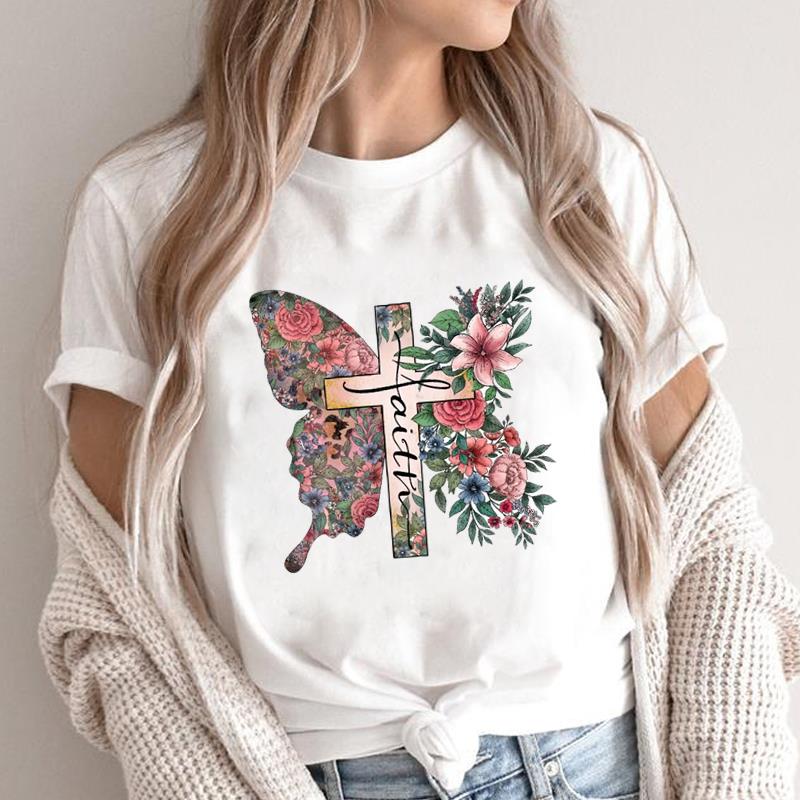 (Азиатский размер) Футболка с принтом Butterfly Flower Faith Trend, милая, повседневная, с коротким рукавом, женская, повседневная, модная
