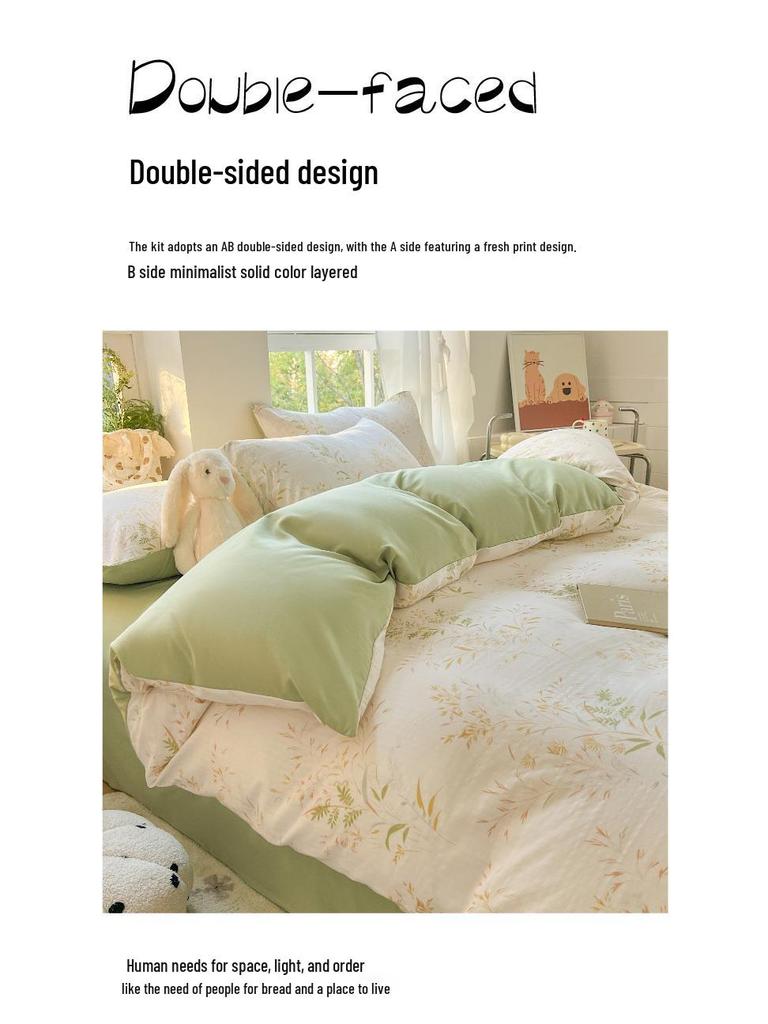 Class A Fresh Four-Piece Set: Washed Cotton Bed Sheet & Duvet Cover with Double Layer Gauze - Home Bedding Collection