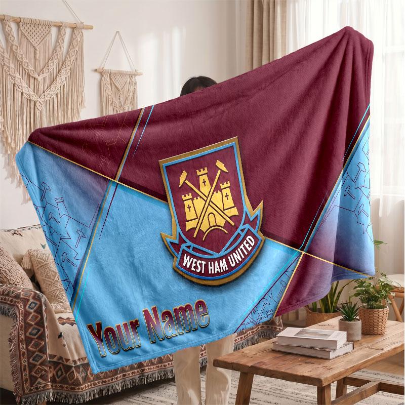 West Ham United football Personalized Fleece Blanket With Football Logo, Custom Name Text Soft Warm Home Throw Blanket