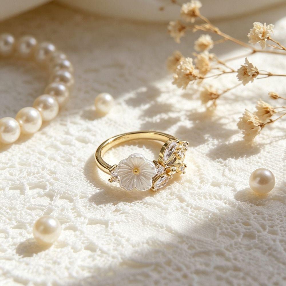 Wedding Flower Crystal Ring Adjustable Zircon Ring Delicate Flower Opening Ring Gifts