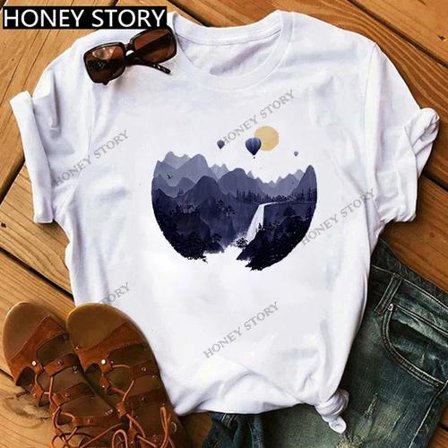 Mountain Print T-shirt Casual Harajuku T-shirt Beautiful Mountain Print Men's and Women's Trend Short Sleeve Summer polyester