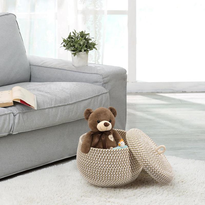 6.6 Quarts Woven Cotton Rope Basket with Lid, 1.6 Gal Small Round Decorative Storage Organizier Bin Box for Nursery, Living Room, Blanket, Home Decor