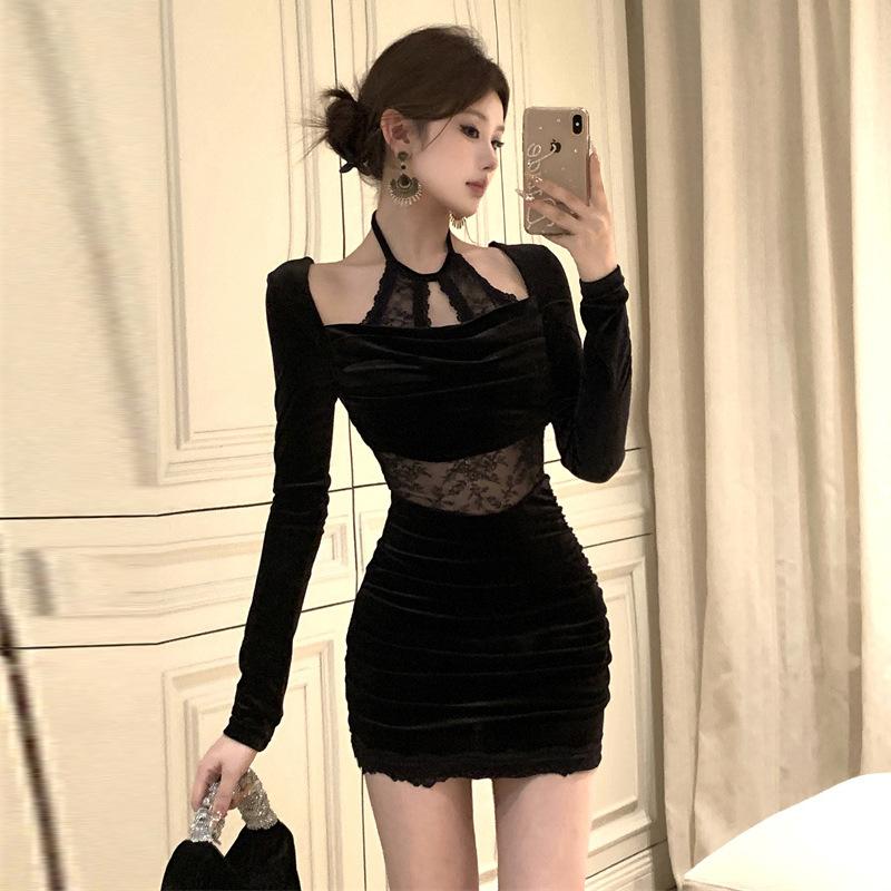 Women's Spice Girl Neck Lace Splicing Long Sleeve Velvet Dress