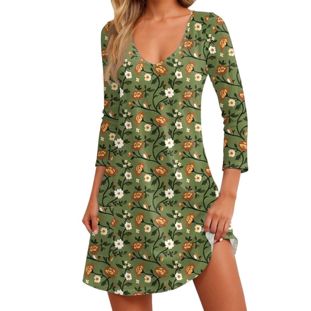 Женское модное повседневное платье с V-образным вырезом, цветочным принтом, карманом и рукавом три четверти