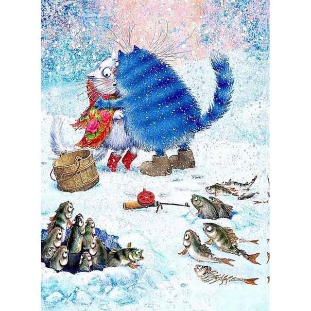 5D Алмазная вышивка Синие кошки Животное Полный круглый Алмазная картина Набор для вышивки крестом