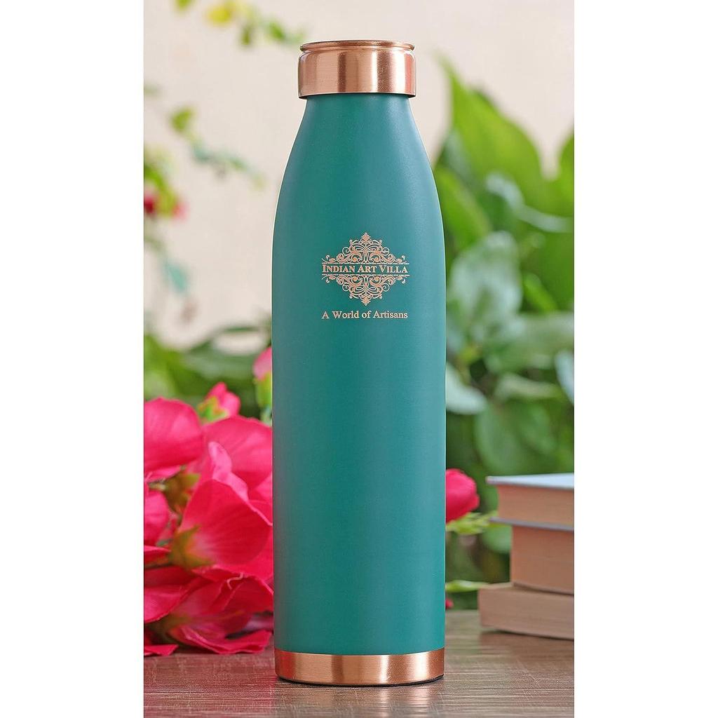 Pure Copper Lacquer Coated Green Silk Finish Water Bottle, Drinkware & Storage Purpose, Ayurvedic Health Benefits, Volume-900 ML - Pack of 1