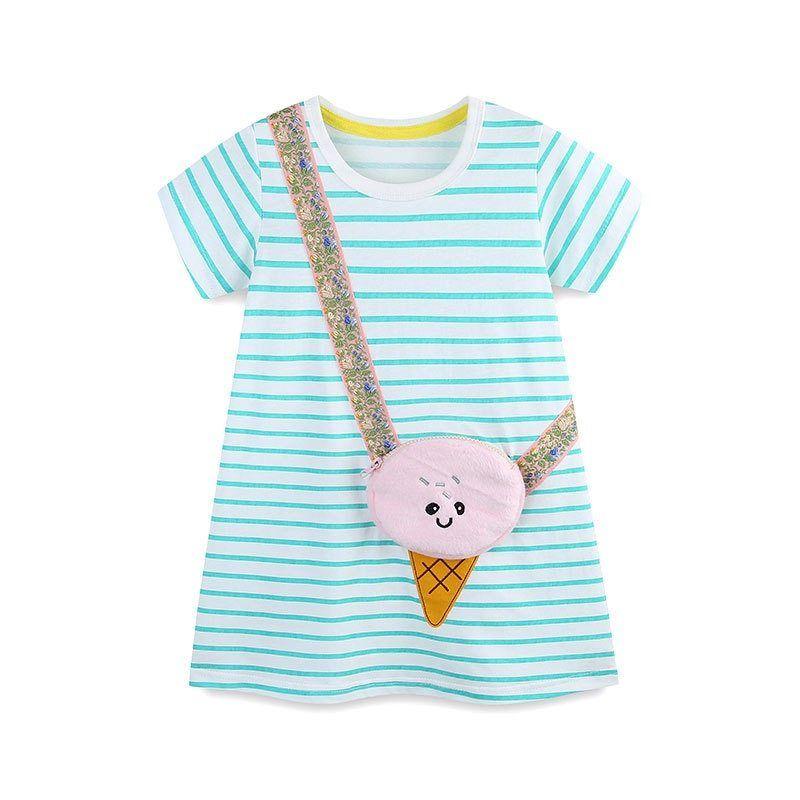 In-Stock Girls' Summer Dress, Short-Sleeved Striped Casual Dress with Bag for Toddlers, Breathable Summer Dress for Babies