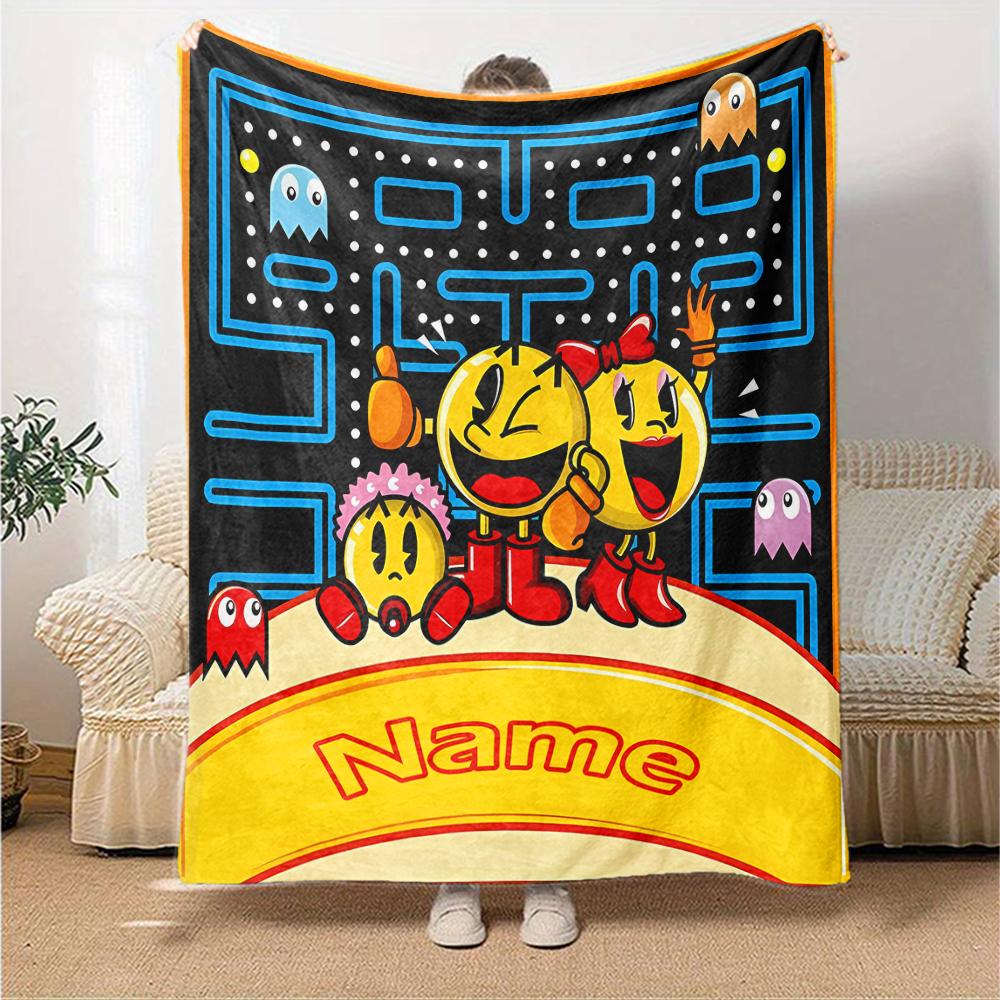 Custom Name Pac-Man Theme Printed Blanket - Perfect for Couch, Bed, Travel & Outdoor Use | Machine Washable, Cozy & Durable.