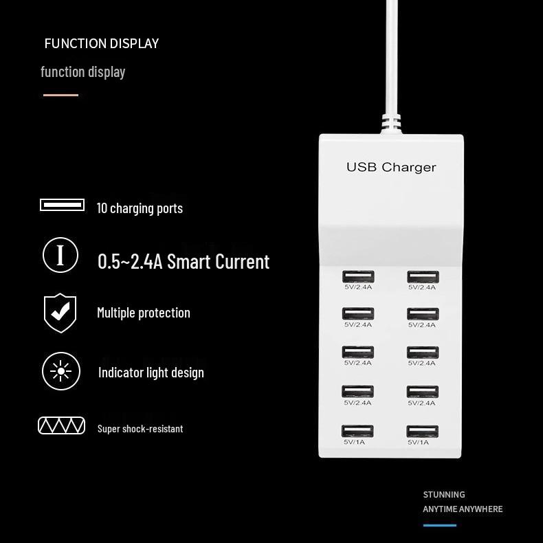 Быстрое USB-C зарядное устройство на 10 портов для устройств Android и Apple