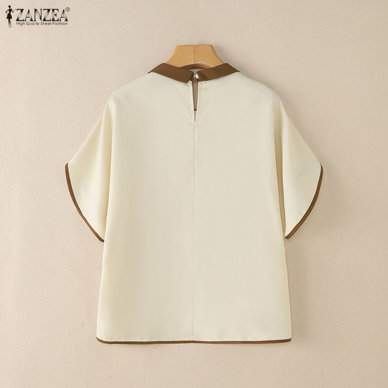 ZANZEA Женская повседневная летняя блузка с круглым вырезом и коротким рукавом