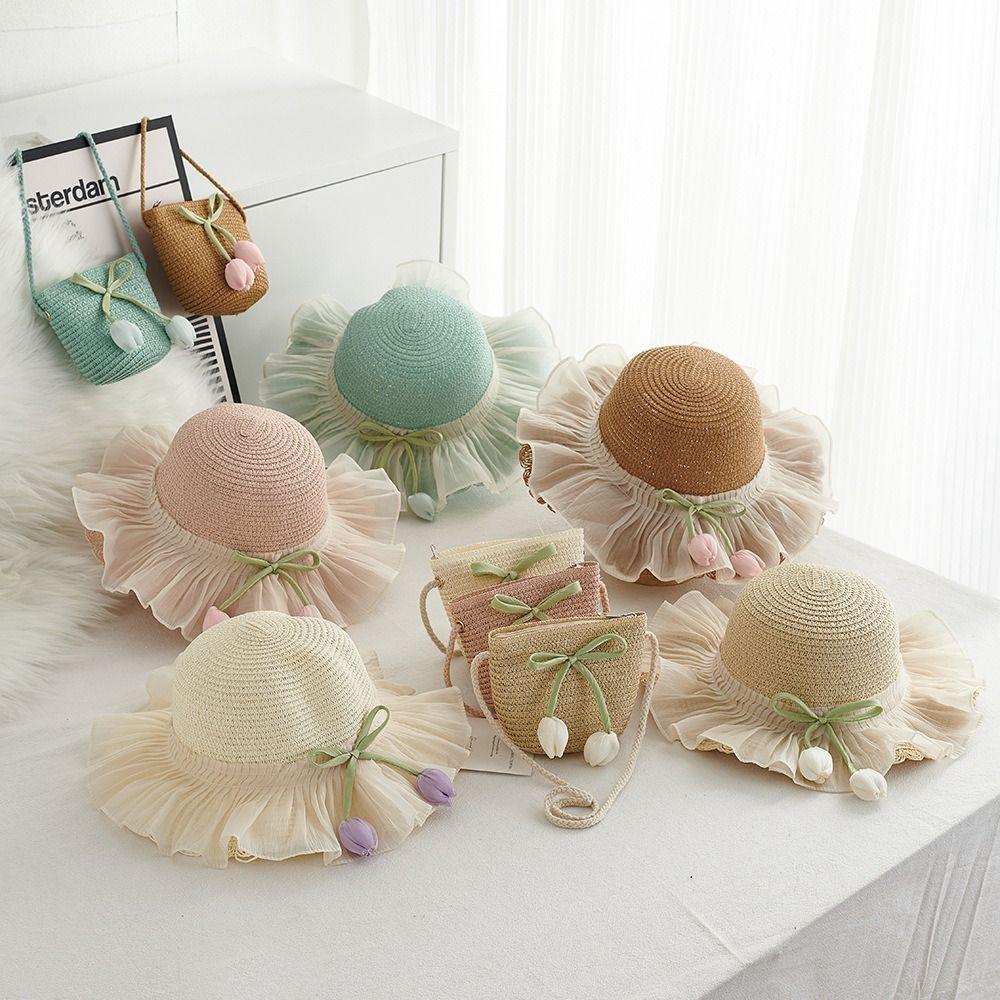 Shading Hat Tulip Straw Sun Hat Korean Style Lace Brim Beach Cap Cute Girls Bucket Hat Kid